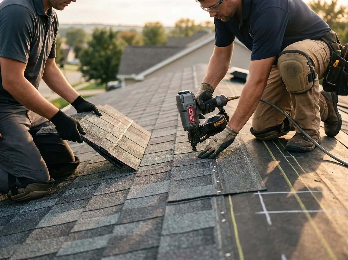Professional roofer working on a residential roof in Saline